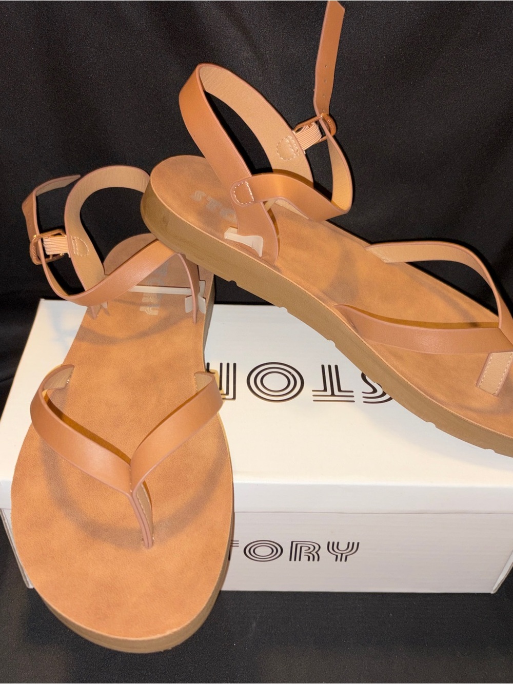 Story Tan Leather Toe-Post Ankle Strap Sandals; Ashley